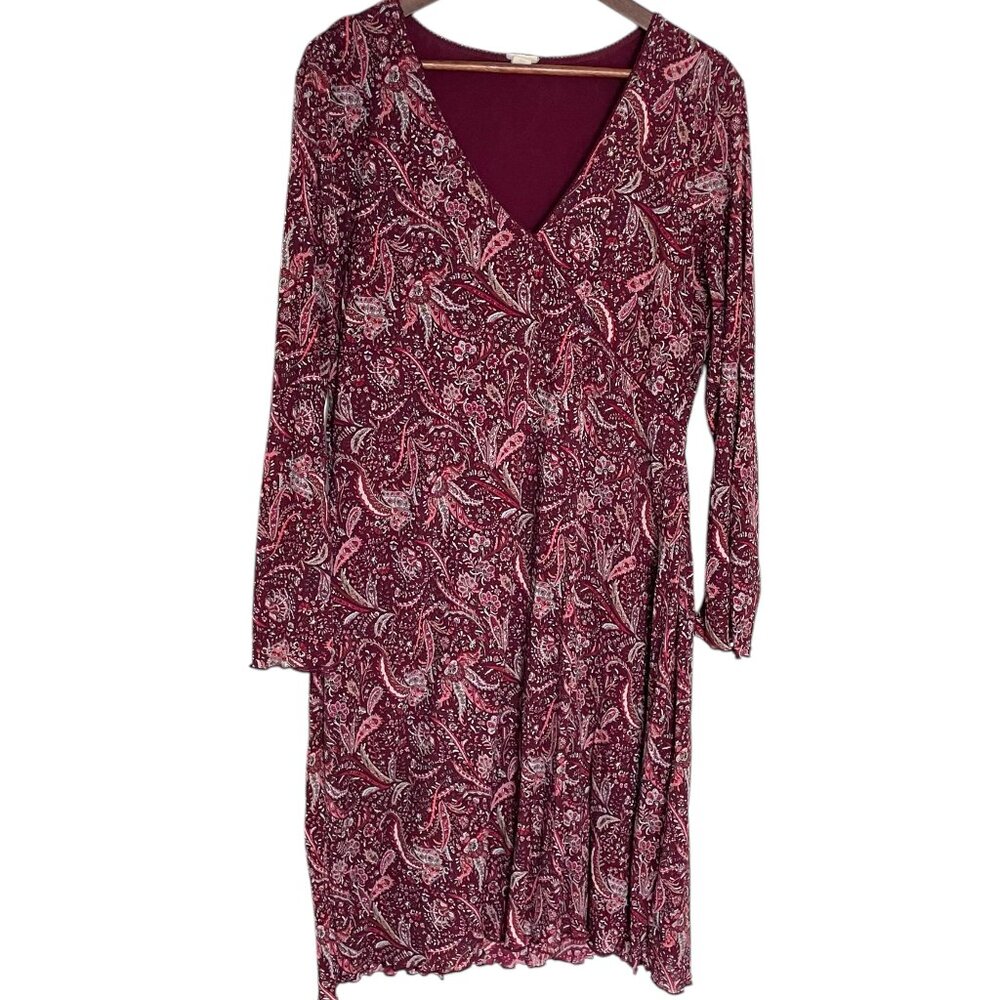 Vtg Y2K Faux Wrap Sheath Dress L Red Paisley Bell Slv Lettuce Hem Fairy Whimsy